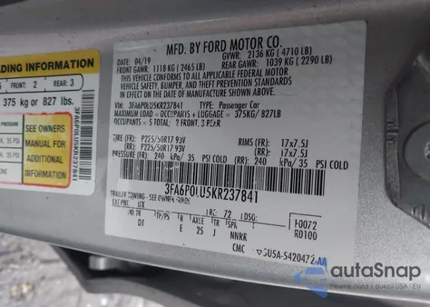 2019 Ford Fusion Hybrid Se из США, поврежденный, VIN 3FA6P0LU5KR237841